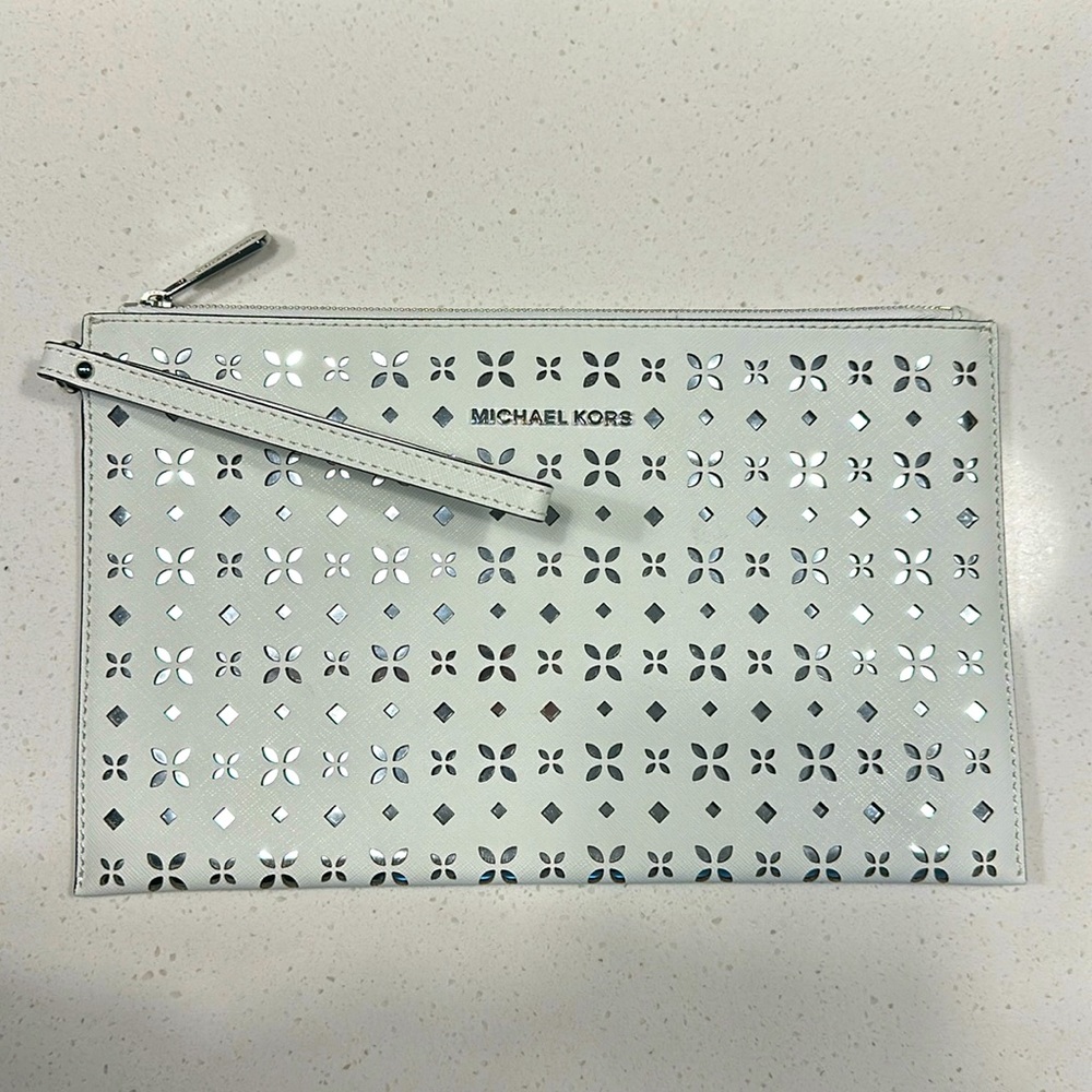 Michael Kors White/ Silver Leather Wristlet